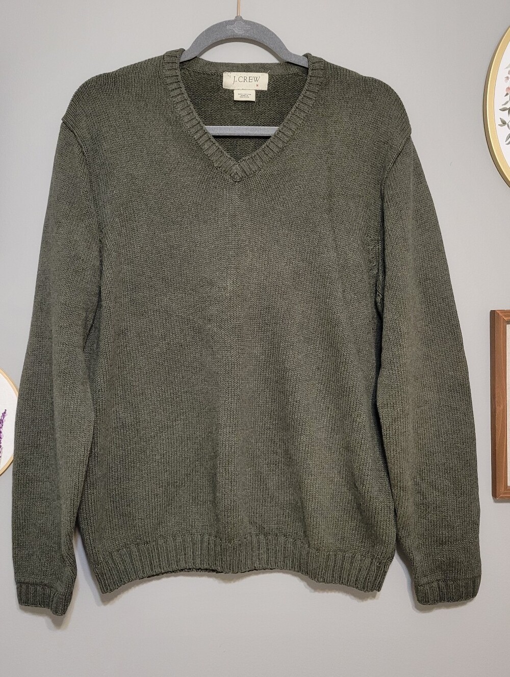Vintage Y2K J. Crew Gray Cotton V-Neck Knit Sweater Grandpa Fisherman Outdoor